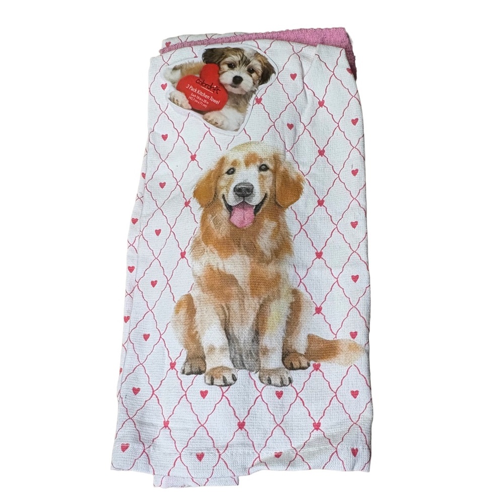 COLORDRIFT NWT 3pc 100% cotton kitchen towel set -feat golden retriever/hearts